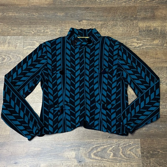 Michael Simon Snap Button Sweater Cardigan Jacket Women Large Teal Black Stretch - Picture 1 of 11